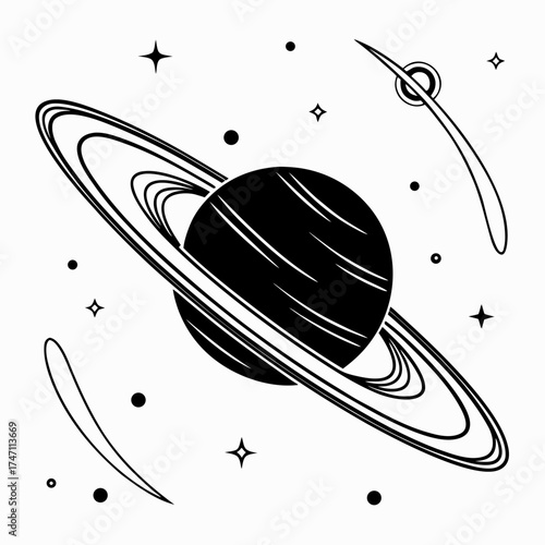 Black planet with rings and stars on white background 1