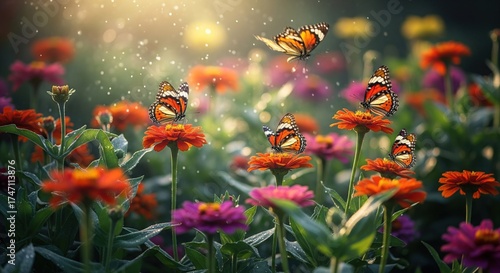 Vibrant butterflies flit amongst colorful flowers in a lush garden, bathed in golden sunlight. Delicate wings dance amidst a profusion of blossoms.  A gentle rain shower adds a touch of magic