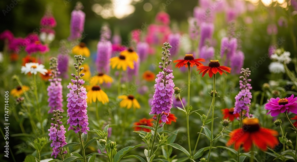 Obraz premium Vibrant flower garden in sunset light