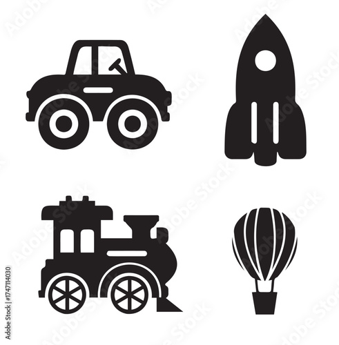  Different kind of toys transportation on white background