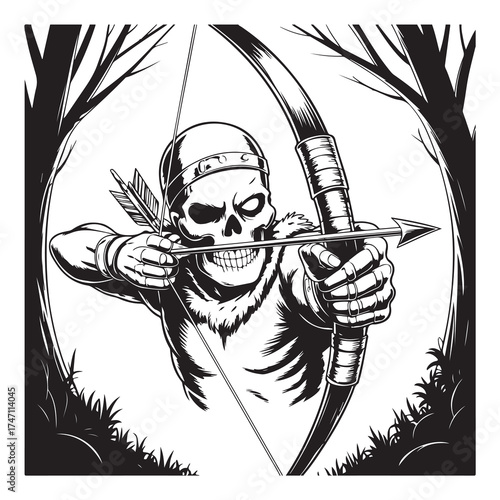 Black and white archer aiming bow and arrow in forest Religious Symbol silhouette