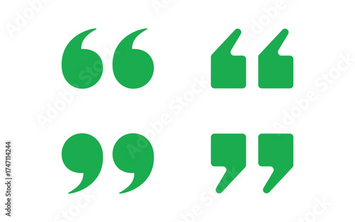 Four green quotation mark symbols in different styles isolated on transparent background