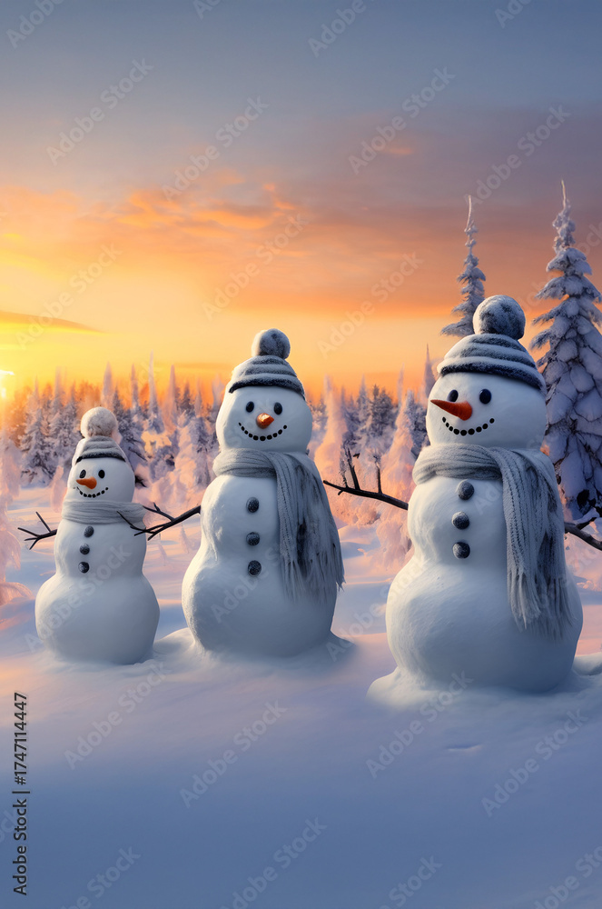 Obraz premium Group of snowmen on snow covered field in winter with spruce tree forest covered with snow in sunset.