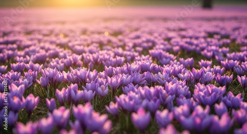 A vibrant field of crocuses at sunrise