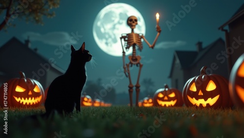 Cinematic, low-angle shot from a black cat's perspective looking up at a towering skeleton on a lawn. The dramatic full moon, glowing pumpkins, and flickering candle create an intense and scary Hallow