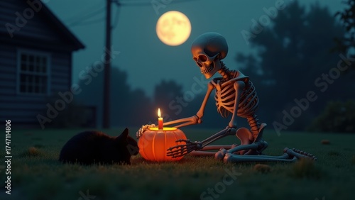 A quiet and atmospheric Halloween night scene of a skeleton carving a pumpkin on a lawn under a full moon. A sleeping black cat and a lit candle add to the peaceful, serene, and slightly spooky mood.