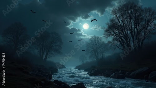 A dark and stormy Halloween night with a turbulent stream, thrashing trees, and bats struggling in the wind. A sliver of moon breaks through churning storm clouds, creating a dramatic and chaotic horr