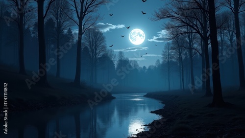 A serene and magical night landscape of a forest with a calm stream reflecting the full moon. Silhouettes of bats fly peacefully under wispy clouds, creating a tranquil and enchanting scene for fantas