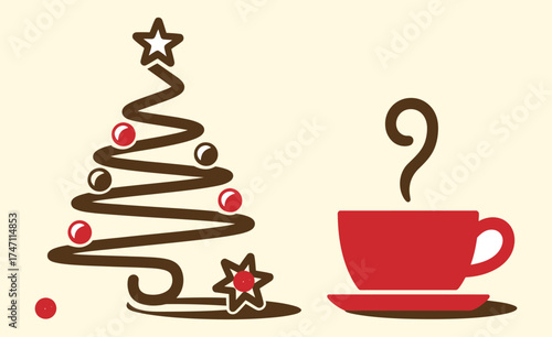 Creative Christmas Tree Made of Chocolate with Steaming Red Cup of Coffee or Cocoa – Cozy Winter Holiday Composition for Seasonal Food and Drink Background