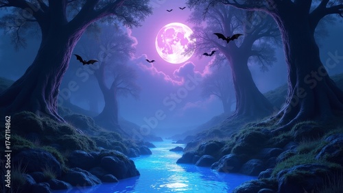 An ethereal, enchanted forest scene with a magical glowing blue stream and a large purple moon. Mystical bats and shimmering clouds create a unique, atmospheric fantasy landscape perfect for magical o