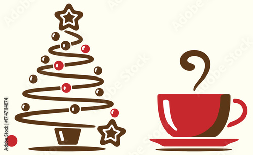Creative Christmas Tree Made of Chocolate with Steaming Red Cup of Coffee or Cocoa – Cozy Winter Holiday Composition for Seasonal Food and Drink Background