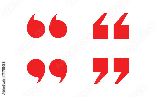 Different styles of red quotation marks displayed in a grid isolated on transparent background