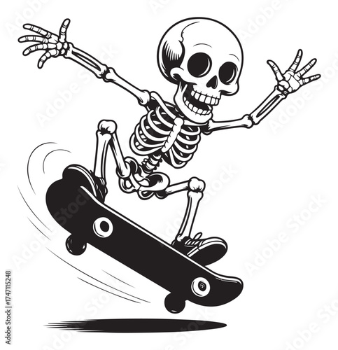 Black and white skateboarding with arms outstretched Religious Symbol bones skull