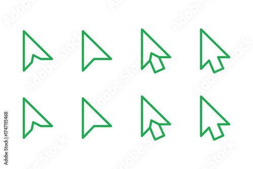 Collection of eight glowing green computer mouse cursors in various pointer and hand shapes isolated on transparent background