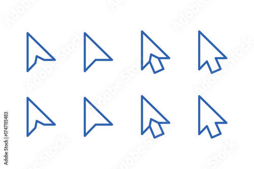 Collection of eight glowing blue computer mouse cursor icons in different shapes isolated on transparent background