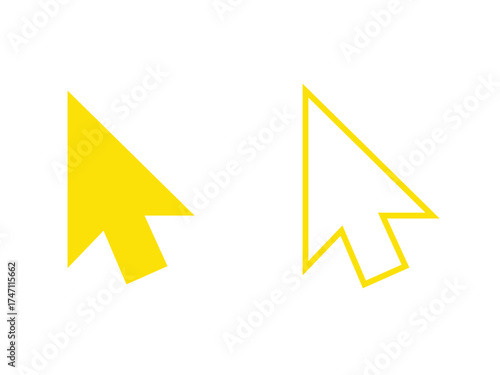 Two bright yellow computer mouse cursors shown as a solid shape and an outline isolated on transparent background