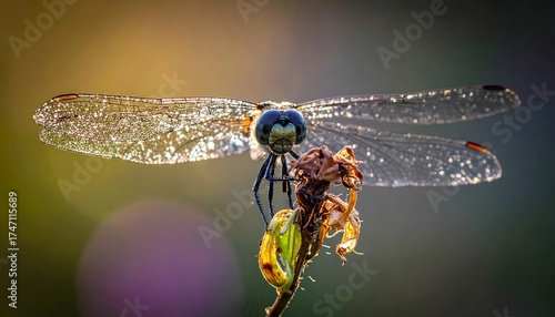 Close-up of a dragonfly perched on a plant stem, bathed in golden sunlight.  Its translucent wings are adorned with glistening water droplets, showcasing intricate details.  Soft bokeh background