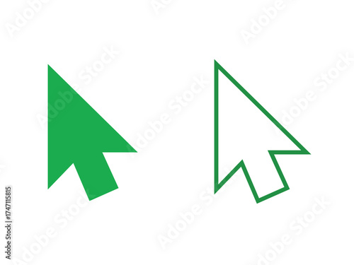 Two green computer mouse cursors one solid and one outlined isolated on transparent background