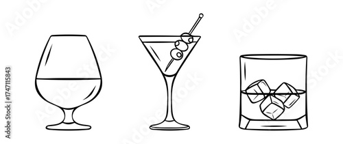 cocktail set, cognac, whiskey on ice, margarita with olives, simple vector black and white icon, doodle and sketch style