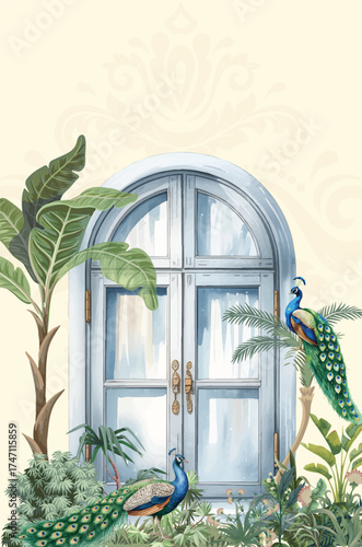 Mughal garden arch with peacocks and tropical plants illustration. Traditional Mughal arch botanical wallpaper with peacocks.