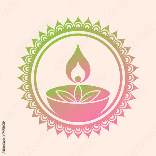 Traditional indian diya oil lamp with decorative mandala border