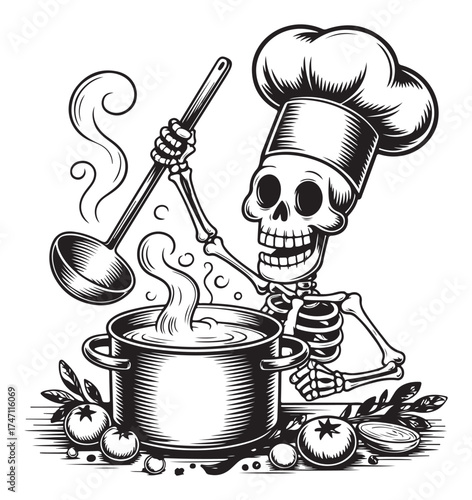 Chef stirring pot with ladle and tomatoes cooking Religious Symbol vector