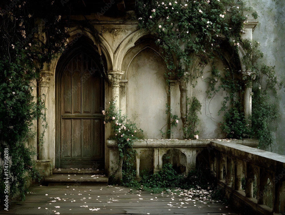 Fototapeta premium An old stone balcony with ivy covered arches and a weathered wooden door opens to a tranquil hidden garden bathed in soft natural light