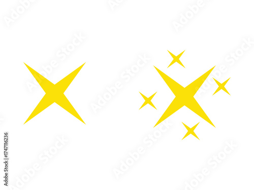 Two bright yellow starbursts with a single starburst and a cluster of smaller starbursts isolated on transparent background