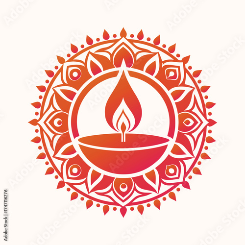 Traditional indian diya lamp illuminated within a decorative mandala pattern