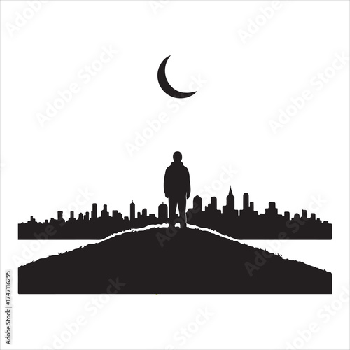 Lonely man standing on hilltop watching city skyline under crescent moon — solitude silhouette vector art