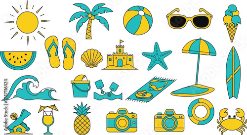 Summer Icons Sun, Beach, and Vacation Essentials in Vibrant Yellow and Blue Designs
