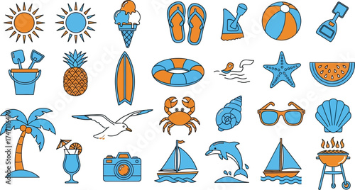 Collection of Summer Holiday and Beach Vacation Icons Representing Fun and Relaxation