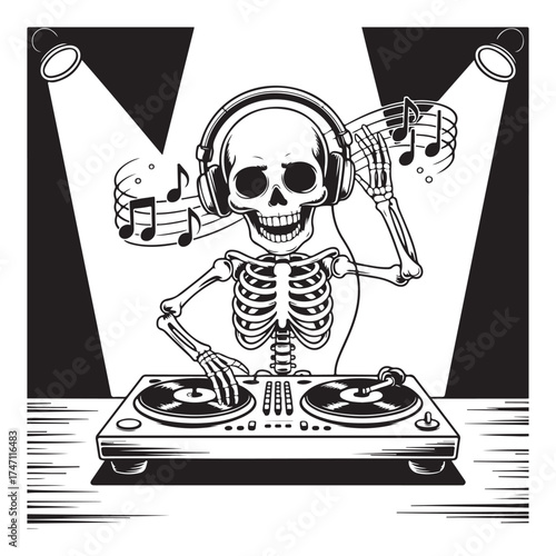 D J wearing headphones plays turntables with musical Religious Symbol vinyl records
