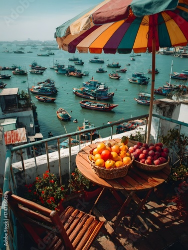 A serene rooftop balcony overlooks a vibrant harbor with colorful boats offering a peaceful coastal summer escape with fresh fruit
