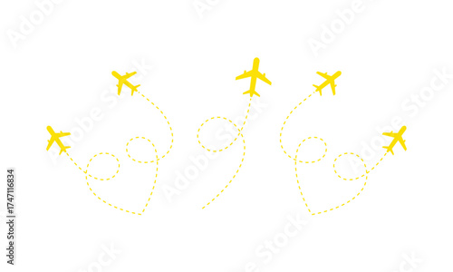 Golden airplanes leaving trails of light forming abstract patterns isolated on transparent background