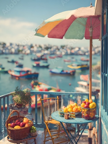 A vibrant rooftop balcony overlooks a bustling harbor with colorful boats offering a serene coastal summer scene with fresh fruit on the table