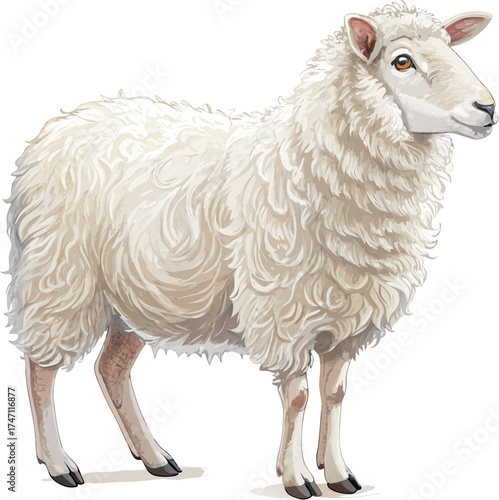 Realistic Sheep Vector Illustration – Full Body, White Wool Farm Animal, High-Quality Design