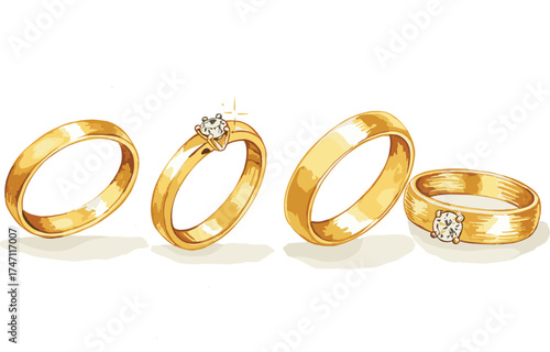 Gold rings with diamond settings, wedding and engagement styles, solitaire designs, jewelry illustration, elegant band collection, minimal vector art