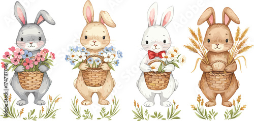 Easter rabbits with baskets, spring flowers, cute bunny characters, festive animals, seasonal illustration, wheat harvest, holiday theme, cartoon style