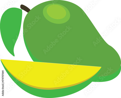 mango Green, healthy pear fruit with leaf on a white background, a fresh mango vector