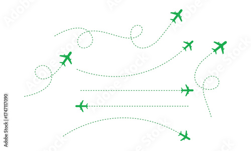 Abstract glowing green airplane icons forming flight paths and trajectories isolated on transparent background
