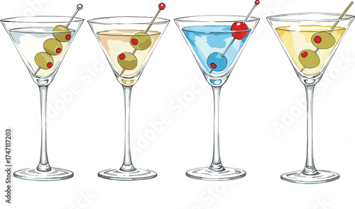 Martini glasses with colorful cocktails, olives and cherries garnish, elegant drink presentation, vibrant alcohol mix, bar party celebration concept