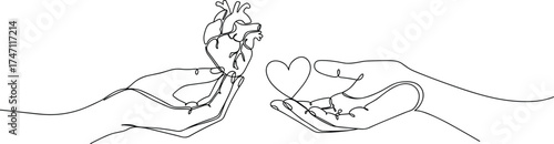 Minimalist line art hands holding hearts, anatomical and symbolic contrast, emotional care, love concept, elegant continuous drawing illustration