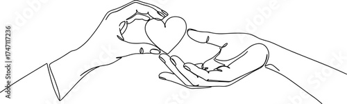 Minimalist line art hands with heart, emotional connection, love and care symbol, elegant continuous drawing, compassion and support illustration