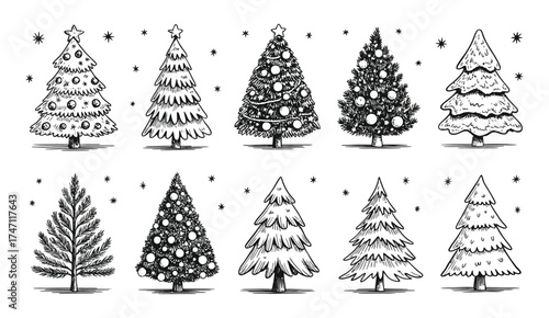 Black Christmas Tree Sketch Illustration – Hand Drawn Style on White Background for Holiday Decoration, Minimal Design Elements, or Seasonal Art Projects and Cards