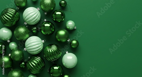 A collection of green Christmas ornaments in various finishes and sizes are scattered across a green background, with the right side of the frame empty.