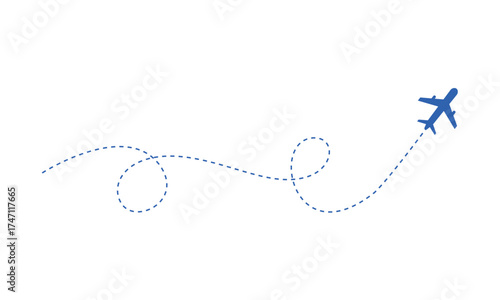 A bright blue airplane silhouette leaving a dotted trail of light isolated on transparent background