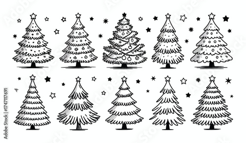 Black Christmas Tree Sketch Illustration – Hand Drawn Style on White Background for Holiday Decoration, Minimal Design Elements, or Seasonal Art Projects and Cards