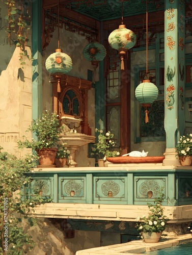 A tranquil Asian influenced courtyard balcony features hanging lanterns floral patterns a trickling fountain and a napping cat in warm golden hour