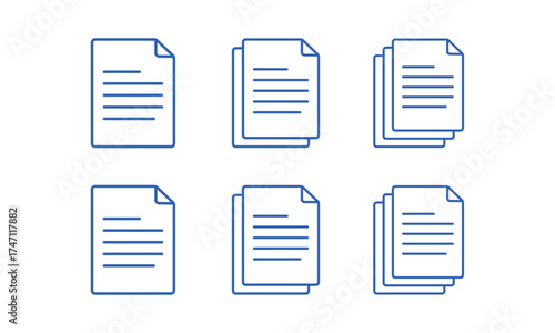 Six stylized document icons with lines of text representing information or data isolated on transparent background